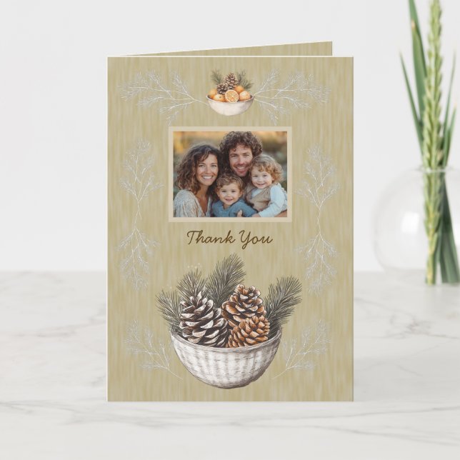 Rustic Photo Holiday Pine Flat Thank You Card (Front)