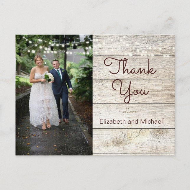 Rustic  Photo Modern Lights  Wedding Thank You Postcard (Front)