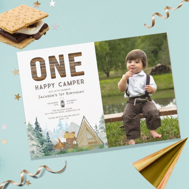 Rustic Photo One Happy Camper Birthday  Invitation (Creator Uploaded)
