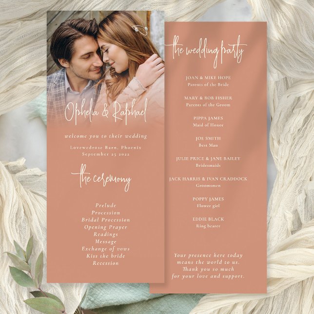 Rustic Photo Overlay Terracotta Wedding Program Invitation (Front and back view)