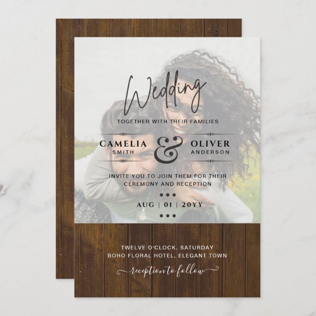 Rustic PHOTO OVERLAY Wedding INVITE QR Code RSVP (Front/Back)