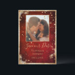 Rustic Photo Red Gold Flat Save The Date<br><div class="desc">Send this beautiful photo wedding “Save the Date” card to all your family and friends to graciously invite them to your special occasion. The scarlet red rustic background is such a rich look. Trimmed in faux gold glitter to set the tone for romantic and classic elegance. Gold splashes finish off...</div>