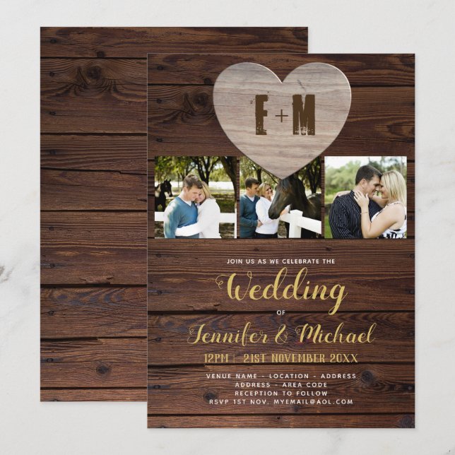 Rustic PHOTO Wedding Invitations Gold Calligraphy (Front/Back)