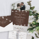 Rustic photo wood string lights rsvp wedding all in one invitation<br><div class="desc">Elegant rustic country summer evening or autumn fall outdoor backyard wedding stylish all in one budget invitation template with RSVP card and 2 custom engagement photos on brown barn wood featuring strings of twinkle white lights and a chic classic calligraphy script.</div>
