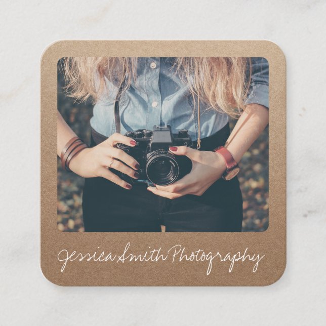 Rustic photographer photo kraft paper texture square business card (Front)