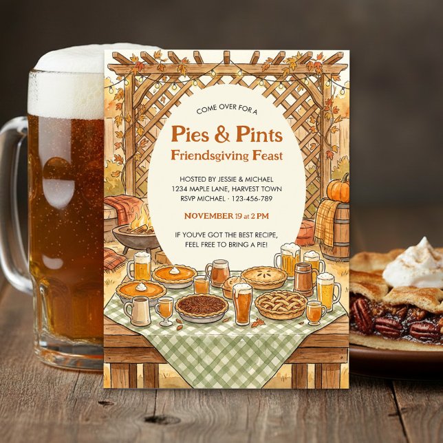 Rustic Pies and Pints Friendsgiving Party Invitation (Friendsgiving Pies & Pints Thanksgiving Invitation by Darling & May)