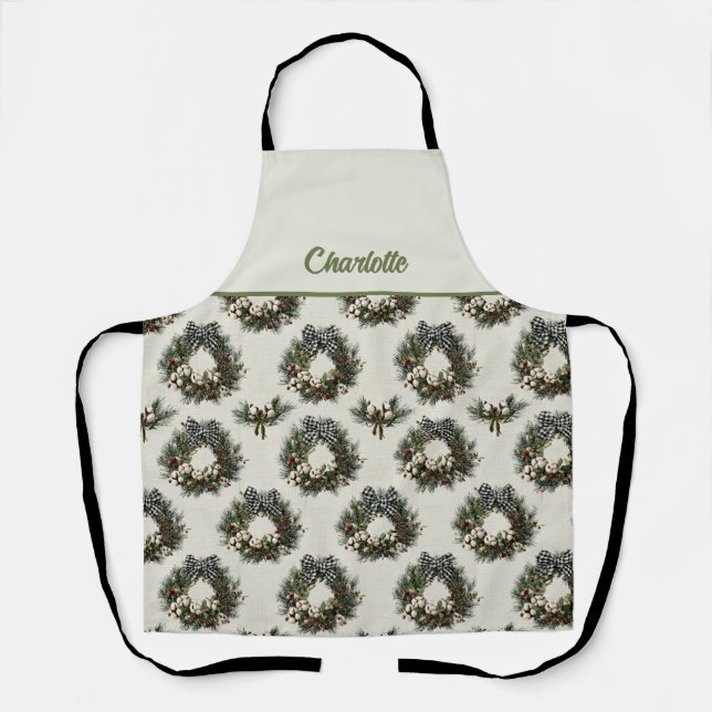 Rustic Pine and Berry Christmas Wreaths Apron (Front)