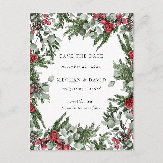 Rustic Pine Berries Winter Christmas Save the Date Announcement Postcard (Front)