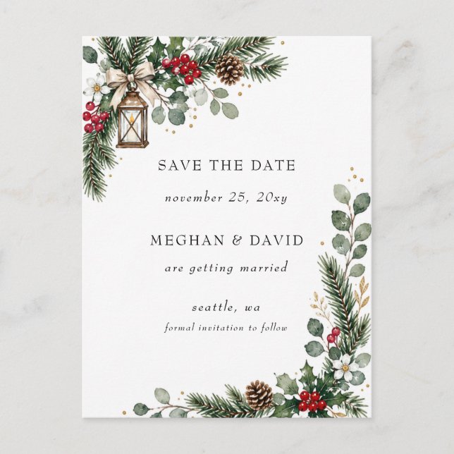 Rustic Pine Berries Winter Christmas Save the Date Announcement Postcard (Front)