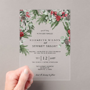 Rustic Pine Berries Winter Christmas Wedding Acrylic Invitations