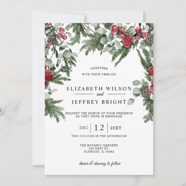 Rustic Pine Berries Winter Christmas Wedding  Invitation (Front)