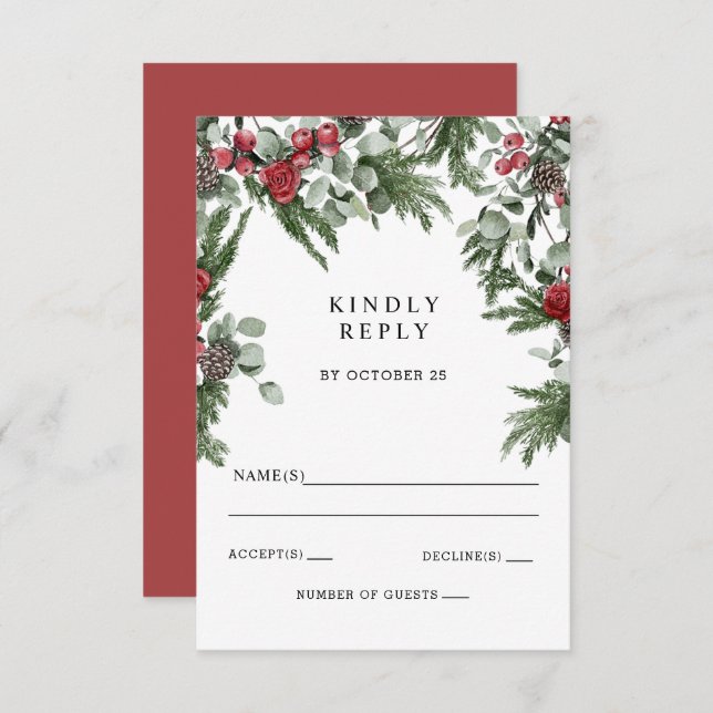 Rustic Pine Berries Winter Christmas Wedding RSVP Card (Front/Back)