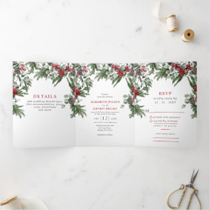 Rustic Pine Berries Winter Christmas Wedding Tri-Fold Invitation