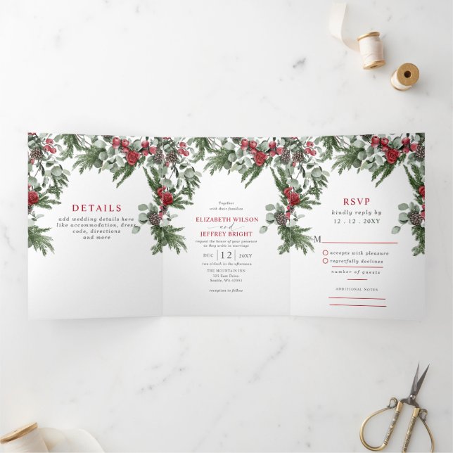 Rustic Pine Berries Winter Christmas Wedding Tri-Fold Invitation (Inside)