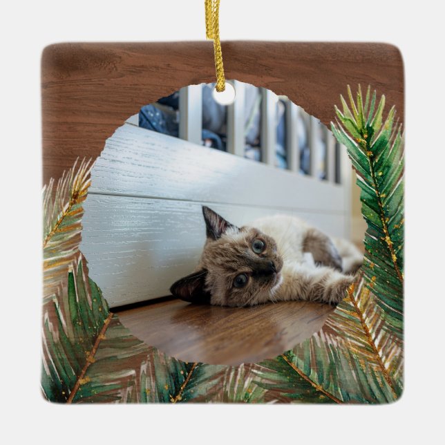 Rustic Pine Branch Pet's First Christmas Keepsake Ceramic Ornament (Front)