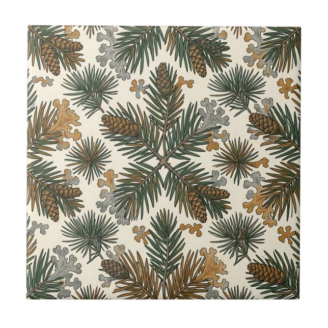 Rustic Pine Branches Pinecones Woodland Pattern Tile (Front)