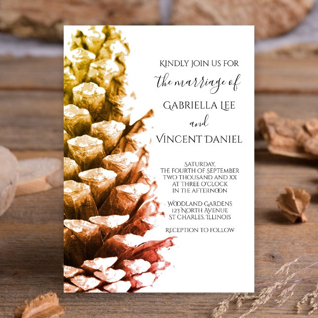 Rustic Pine Cone on White Woodland Wedding Invitation (Creator Uploaded)