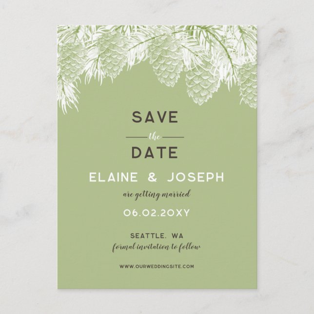Rustic Pine cone wedding save the date Announcement Postcard (Front)
