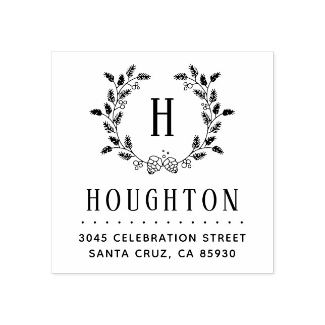 Rustic Pine Cone Wreath Monogram Return Address Rubber Stamp (Imprint)
