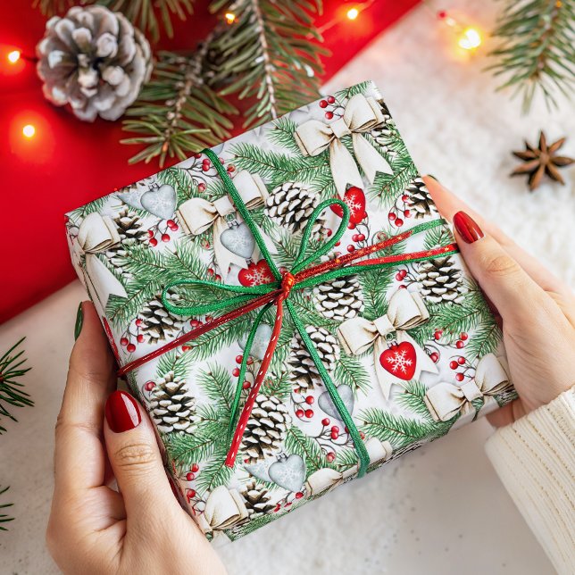 Rustic Pine Cones and Branches Christmas Pattern Wrapping Paper (Creator Uploaded)