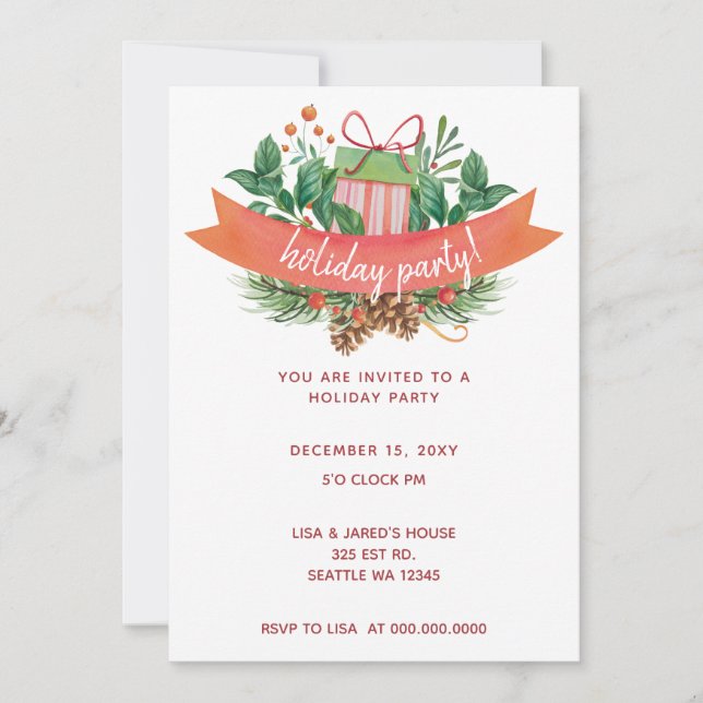 Rustic pine cones and fir holiday party card (Front)