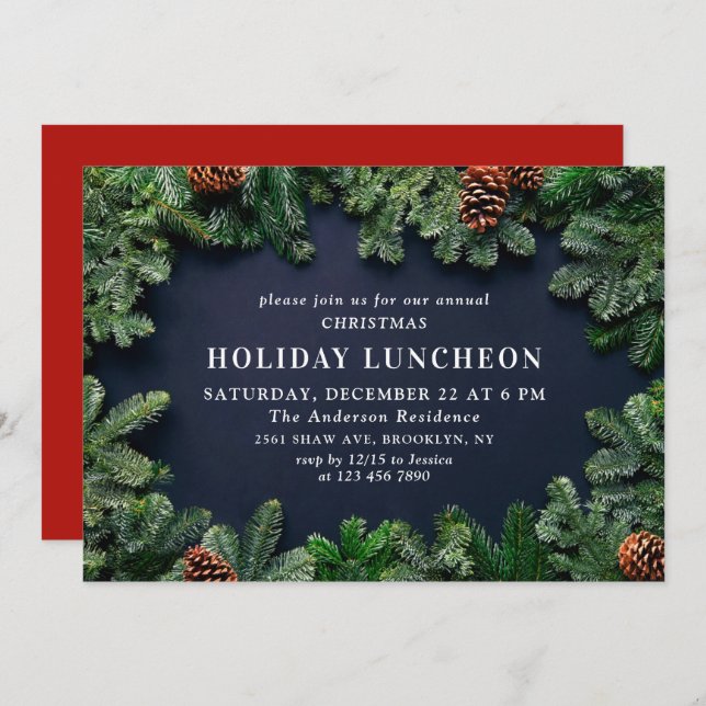 Rustic Pine Cones Branch HOLIDAY LUNCHEON Invitation (Front/Back)