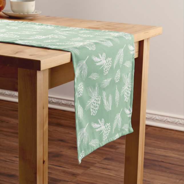 Rustic Pine Cones Pattern White & Mint Holiday Short Table Runner (In Situ)