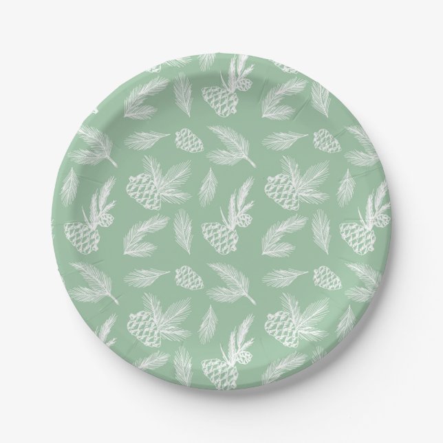 Rustic Pine Cones Pattern White & Mint Serving Paper Plate (Front)