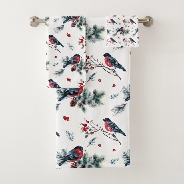 Rustic Pine Cones Pine Branches Berries Birds | Bath Towel Set (Insitu)