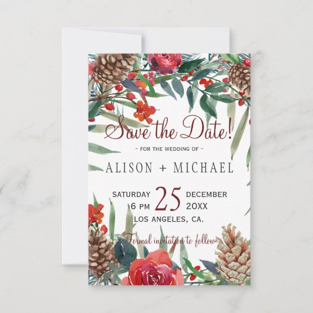 Rustic Pine Cones Winter Floral Christmas Wedding Save The Date (Front)