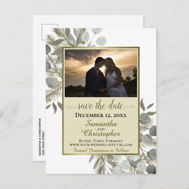 Rustic Pine & Eucalyptus Gold Save the Date Photo Announcement Postcard (Front/Back)