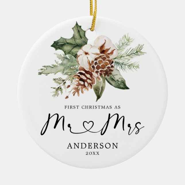 Rustic Pine First Christmas Mr & Mrs Gift Ceramic  Tree Decoration (Front)
