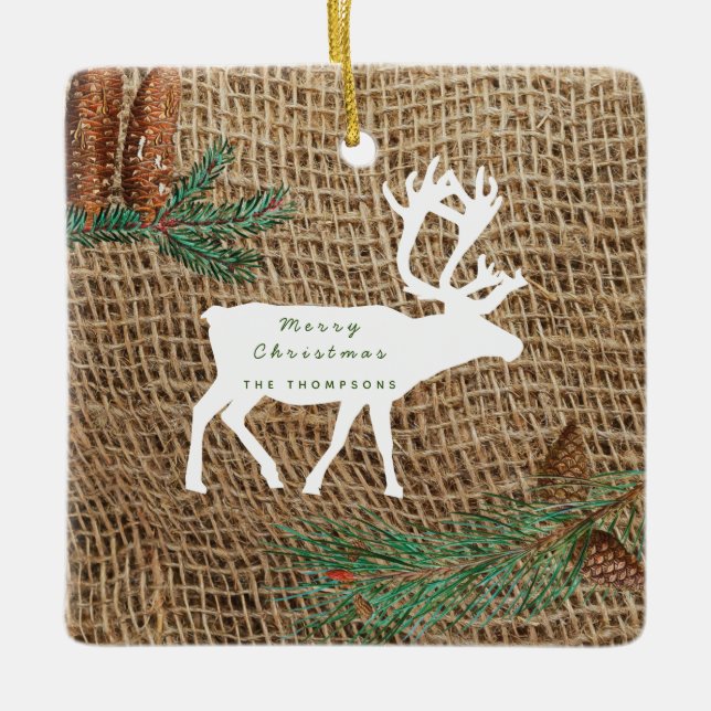 Rustic Pine Forest Reindeer Ceramic Ornament (Front)