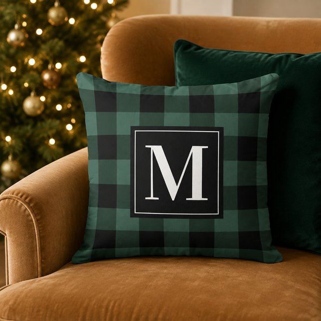 Rustic Pine Green Black Buffalo Plaid Monogram Cushion (Creator Uploaded)