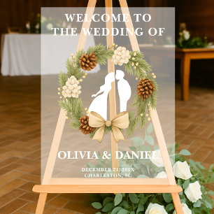 Rustic Pine Greenery Winter Wedding Welcome Acrylic Sign