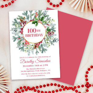Rustic Pine Holly Berry Wreath 100th Birthday Invitation