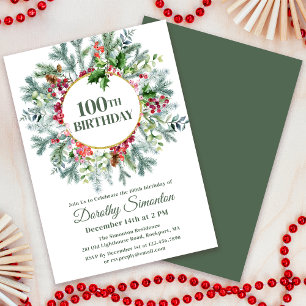 Rustic Pine Holly Berry Wreath 100th Birthday Invitation