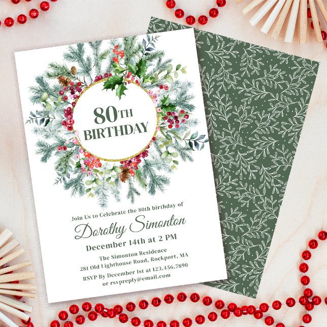 Rustic Pine Holly Berry Wreath 80th Birthday Invitation (Need matching party supplies? Welcome signs, napkins, paper plates. Something else? Message me!)