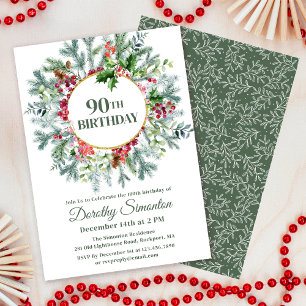 Rustic Pine Holly Berry Wreath 90th Birthday Invitation