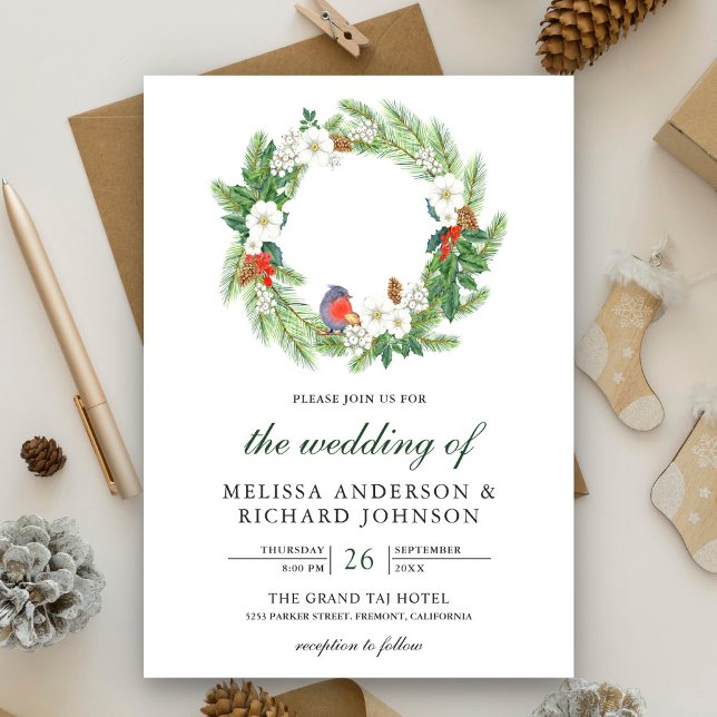 Rustic Pine Leaves Floral Wreath Christmas Wedding Invitation (Creator Uploaded)