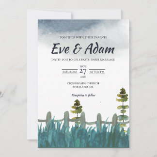Rustic Pine Meadow Fence Watercolor Winter Wedding Invitation