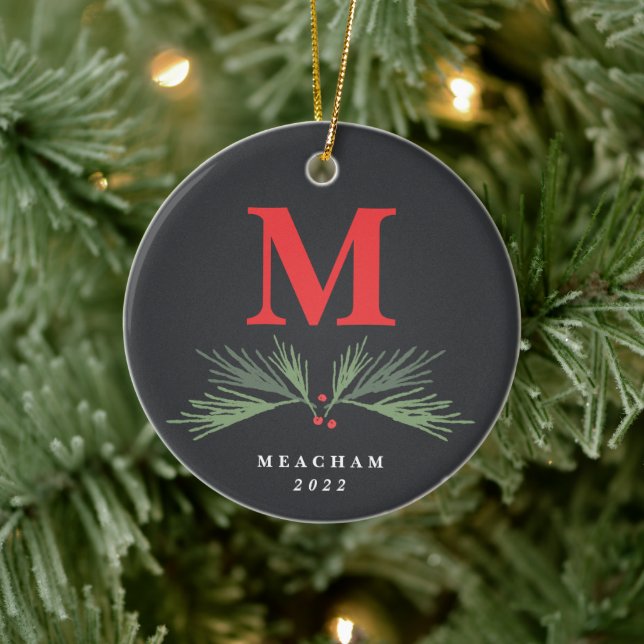 Rustic Pine Monogram Photo Christmas Ceramic Tree Decoration (Tree)