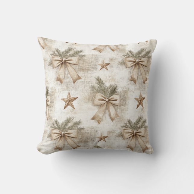 Rustic pine needles, bows and stars  cushion (Front)