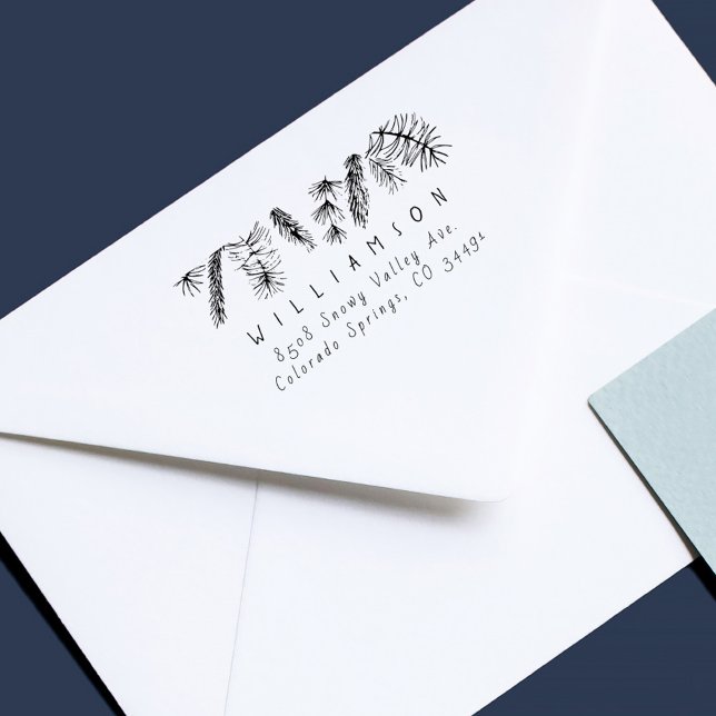 Rustic Pine Needles Winter Holidays Return Address Rubber Stamp (Casual Handwriting Hand-drawn Pine Branches Winter Holidays Christmas Return Address Stamp)