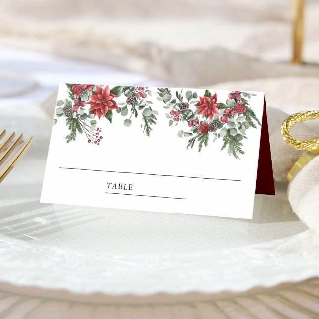 Rustic Pine Poinsettia Floral Christmas Place Card (Creator Uploaded)