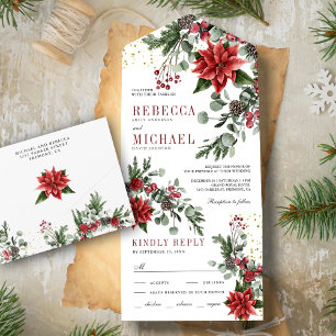 Rustic Pine Poinsettia Floral Christmas Wedding All In One Invitation