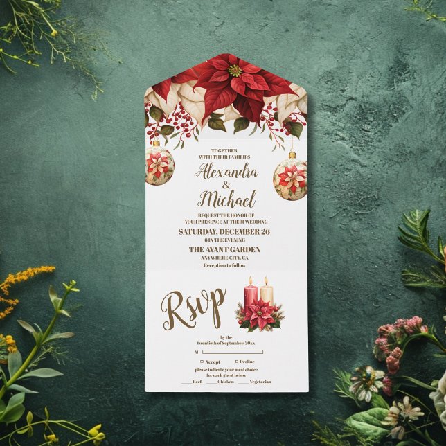 Rustic Pine Poinsettia Floral Christmas Wedding All In One Invitation (Creator Uploaded)
