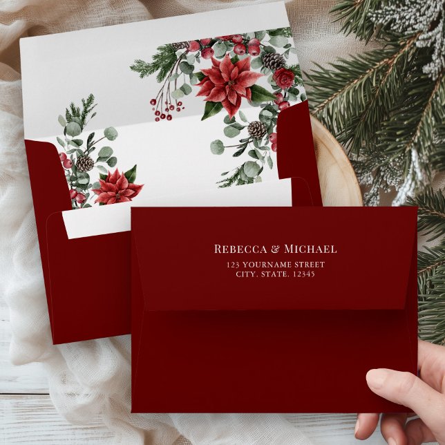 Rustic Pine Poinsettia Floral Christmas Wedding Envelope (Creator Uploaded)