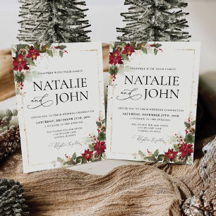 Rustic Pine Poinsettia Floral Christmas Wedding Invitation