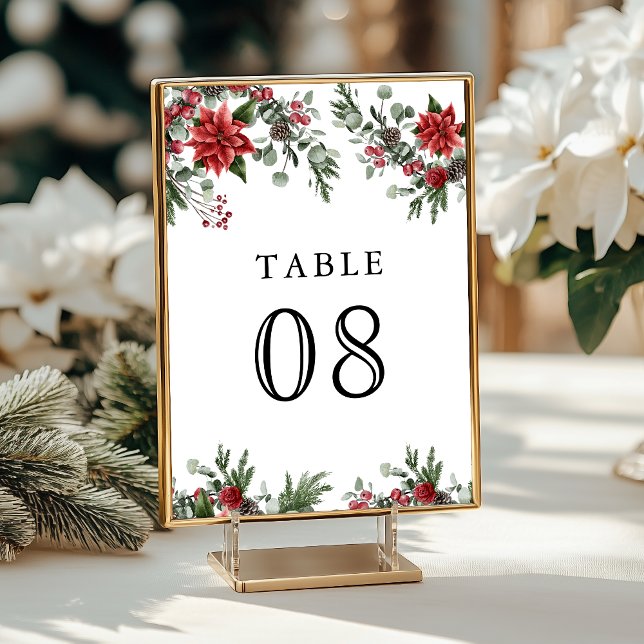 Rustic Pine Poinsettia Floral Christmas Wedding Table Number (Creator Uploaded)